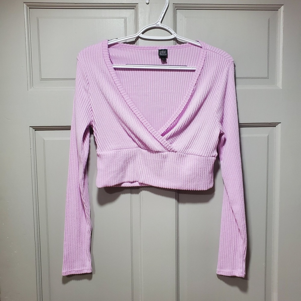 Wild Fable Women's Pink Ribbed Knit V-Neck Cropped Top Long Sleeve Size Large